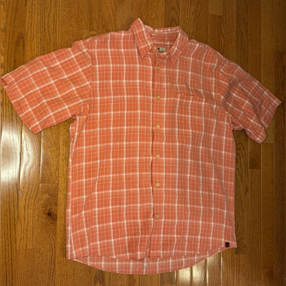 Woolrich men’s Button Up Shirt Size Large Orange Check Short‎ Sleeve Collared